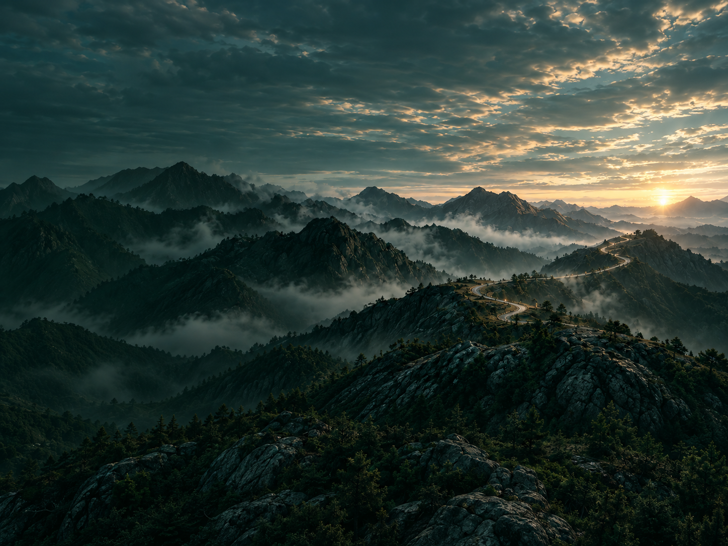 晨光穿过云层，照亮群山与蜿蜒山路